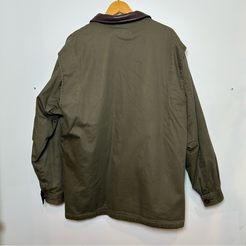 Vintage men’s canvas chore coat leather collar large barn work long oversized - Picture 3 of 11